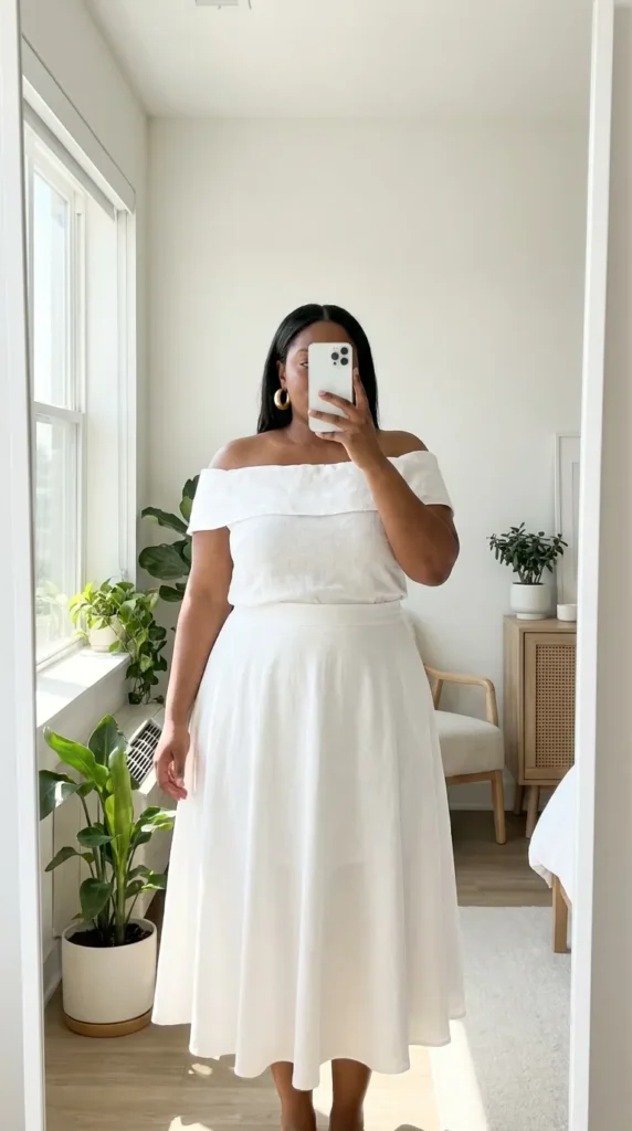 Curvy woman in white off-shoulder top and full white midi skirt – All White Outfit Ideas for Plus Size Women