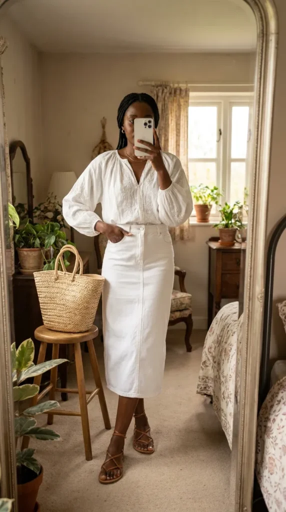 Black woman in a white embroidered peasant blouse and denim skirt for All White Summer Outfit Ideas for Black Women.