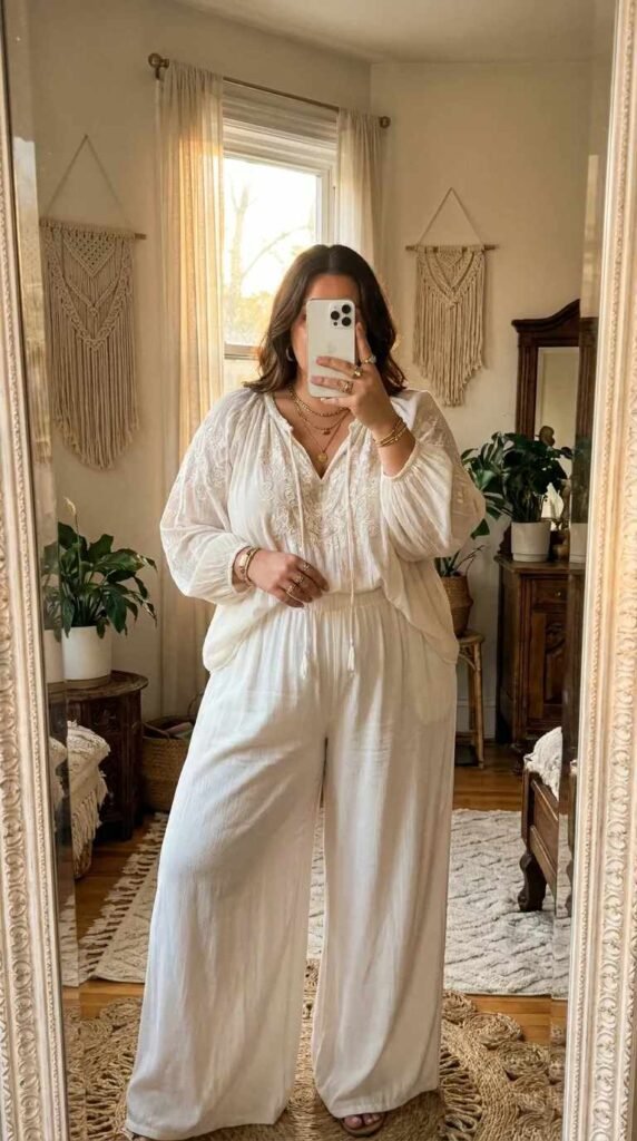 Curvy woman in embroidered white peasant blouse and flowy palazzo pants – All White Outfit Ideas for Plus Size Women