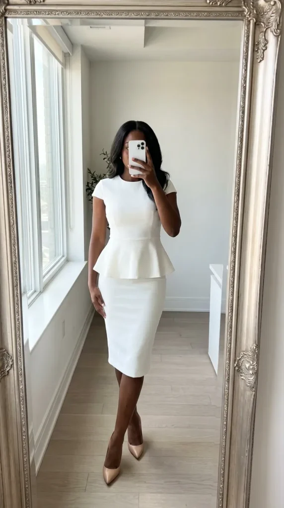 White peplum top with pencil skirt, chic All White Outfits for Black Women outfit