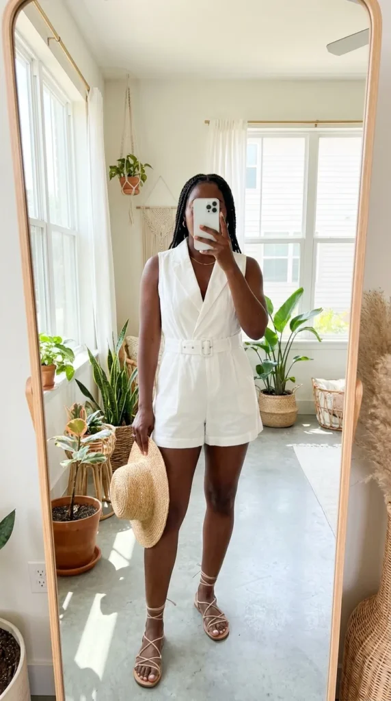 Black woman in a white belted romper holds a straw hat for All White Summer Outfit Ideas for Black Women.