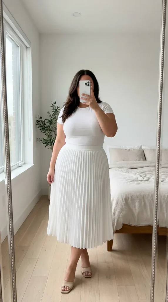 Curvy woman in white fitted tee and white pleated midi skirt with heels – All White Outfit Ideas for Plus Size Women