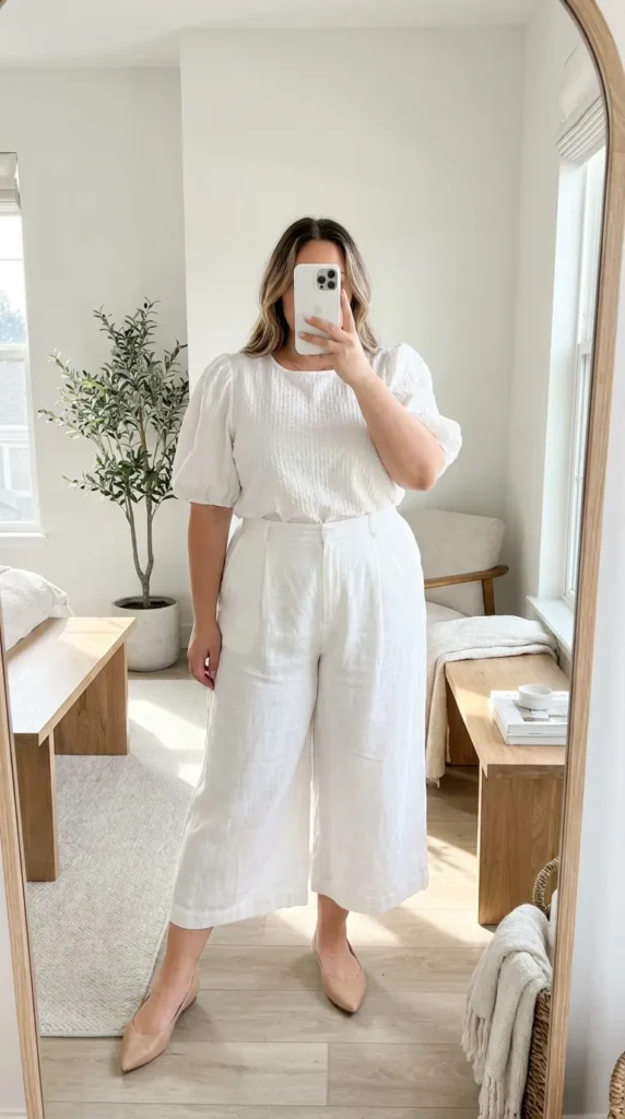 Plus size woman in white puff-sleeve top and white culottes with flats – All White Outfit Ideas for Plus Size Women