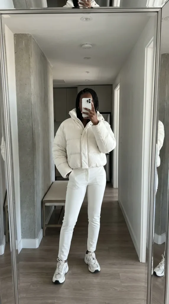 White puffer jacket with slim pants – sporty All White Fall Outfit Ideas for Black Women.