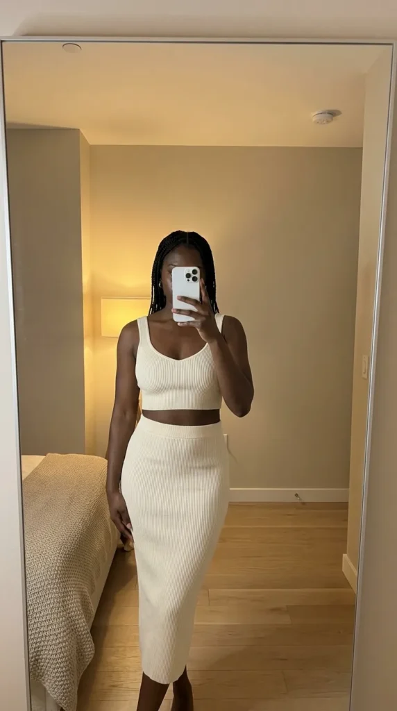 White ribbed two-piece set – minimal All White Fall Outfit Ideas for Black Women.
