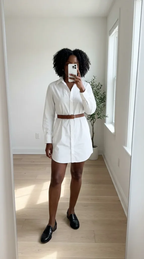 Black woman in a white belted shirt dress and loafers for All White Summer Outfit Ideas for Black Women.