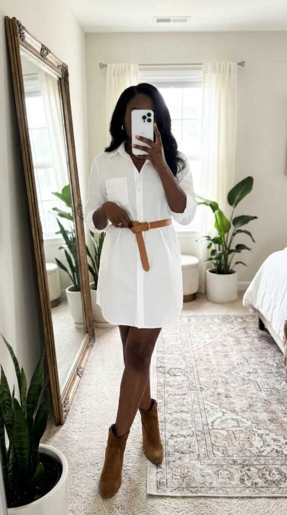 White shirt dress with brown ankle boots – chic All White Fall Outfit Ideas for Black Women.