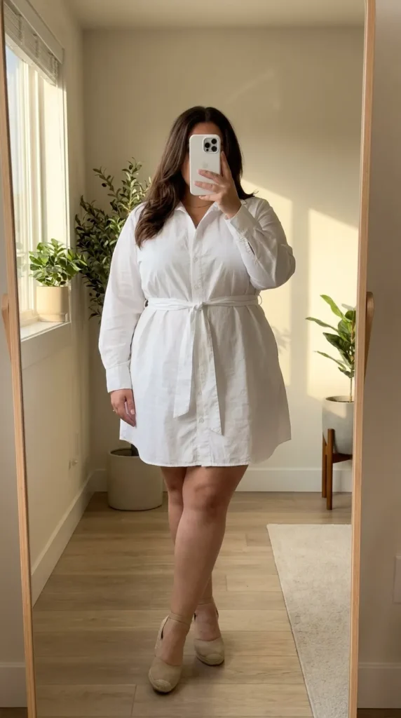 Plus size woman in white shirt dress tied at the waist with espadrilles – All White Outfit Ideas for Plus Size Women