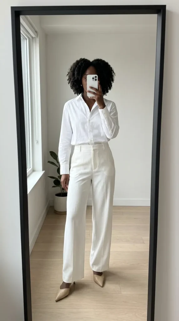 White button-up with wide-leg pants, chic All White Outfits for Black Women look