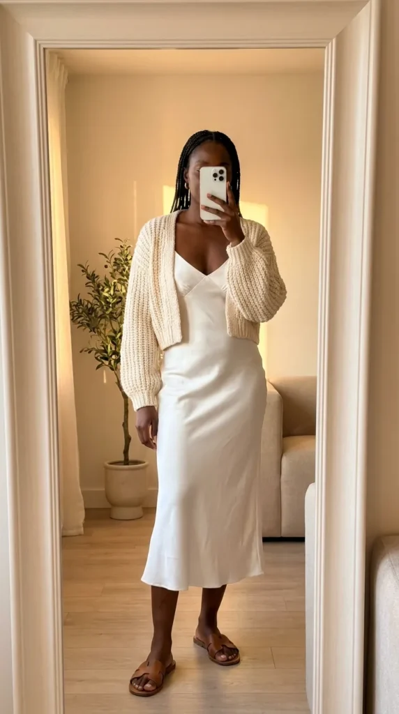 Black woman in a white slip dress with cream cardigan and sandals for All White Summer Outfit Ideas for Black Women.
