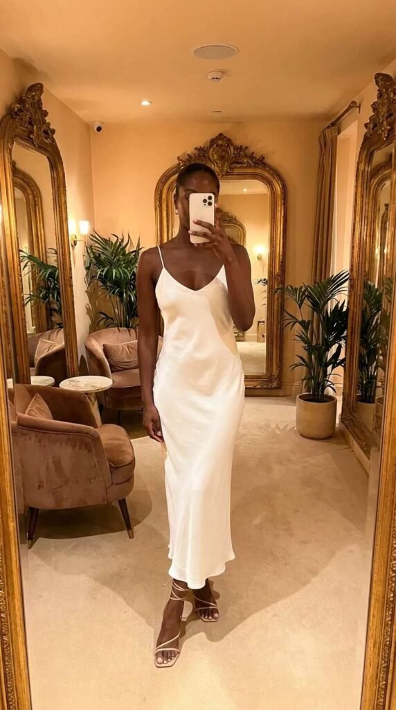 Satin white slip dress with heels, elegant All White Outfits for Black Women look