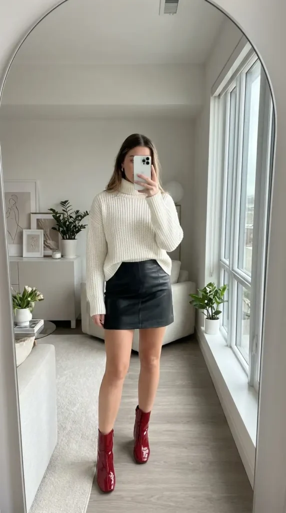 Cream turtleneck sweater, black mini skirt, and red boots, a bold Casual Red Black & White Outfits idea.