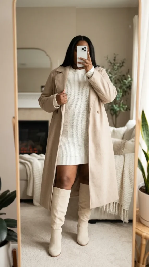 Curvy woman in white sweater dress, beige coat, and tall boots – All White Outfit Ideas for Plus Size Women
