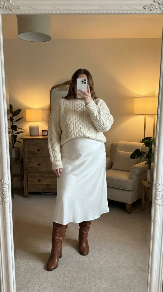 Plus size woman in cream cable-knit sweater and white midi skirt with boots – All White Outfit Ideas for Plus Size Women