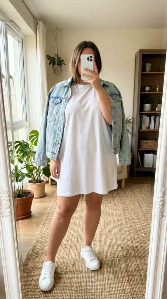 Plus size woman in white t-shirt dress layered with light denim jacket and sneakers – All White Outfit Ideas for Plus Size Women