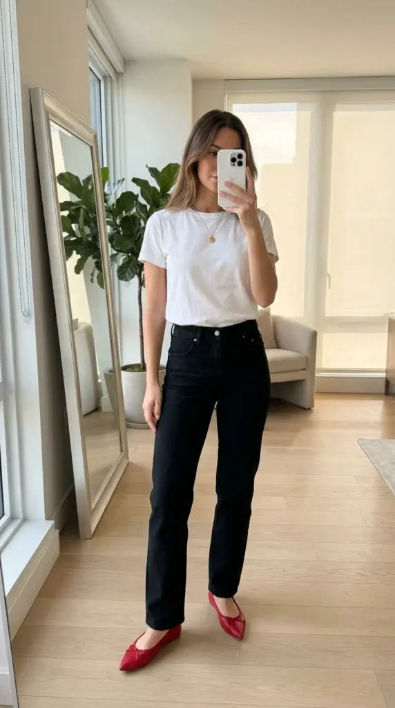White tee, black jeans, and red flats make an easy Casual Red Black & White Outfits look.