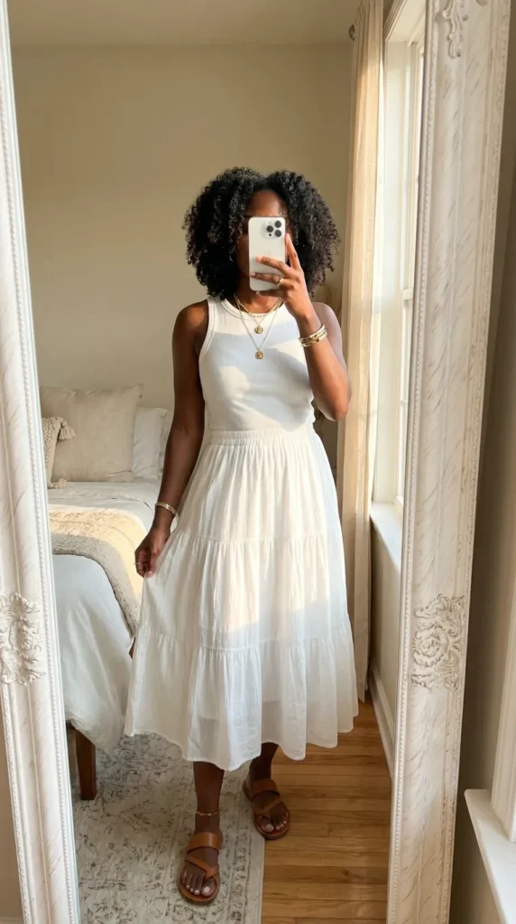 Black woman in a white tank and tiered midi skirt poses by a window for All White Summer Outfit Ideas for Black Women.