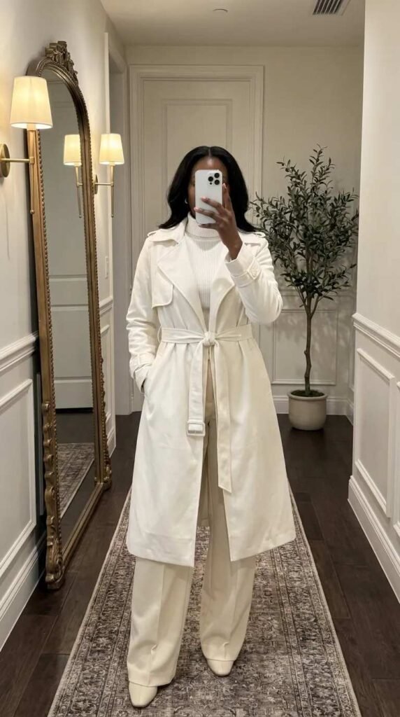 White trench coat and turtleneck combo – polished All White Fall Outfit Ideas for Black Women.