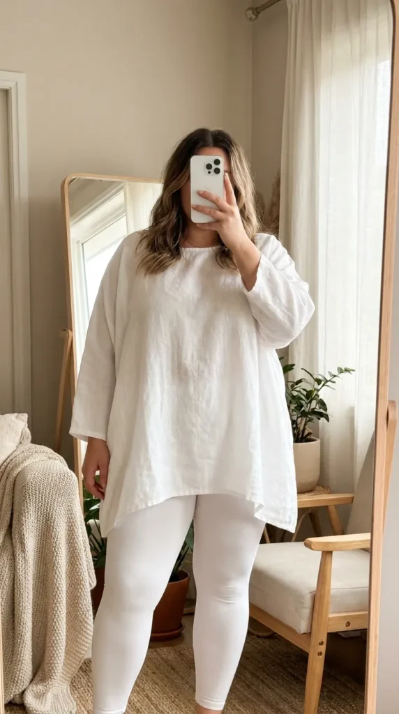 Plus size woman in oversized white tunic top with white leggings – All White Outfit Ideas for Plus Size Women