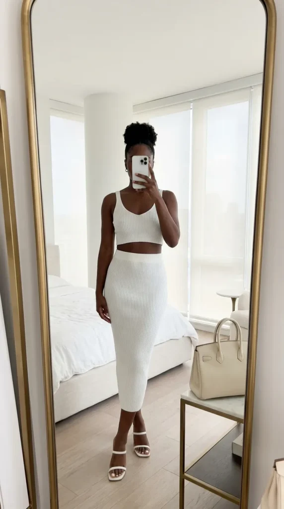 Black woman in a white ribbed crop top and midi skirt set for All White Summer Outfit Ideas for Black Women.