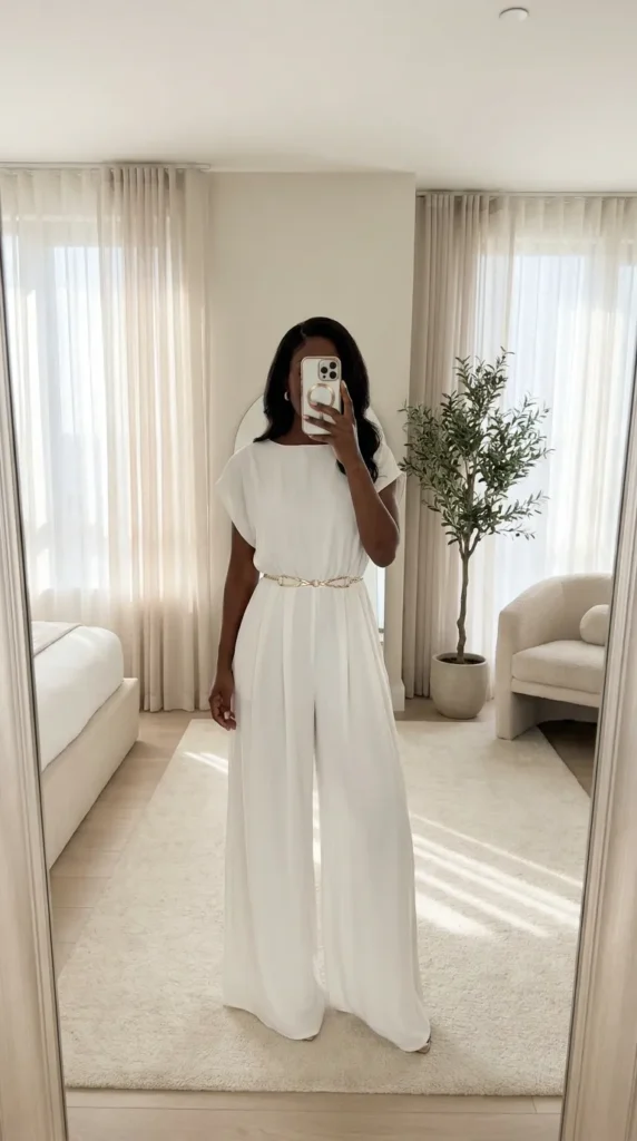 White wide-leg jumpsuit with belt, chic All White Outfits for Black Women outfit