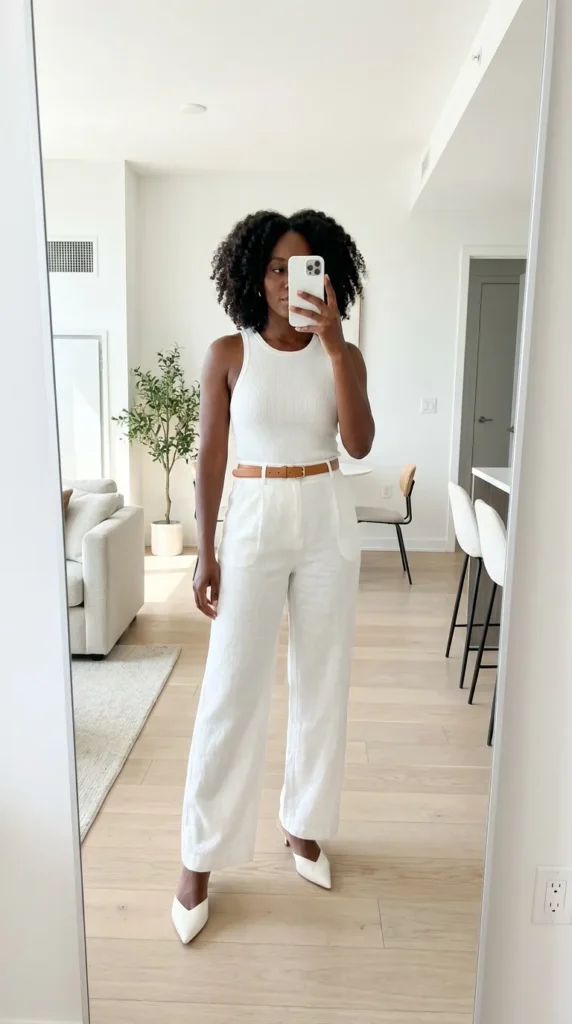 Black woman in white tank and wide-leg trousers with belt poses indoors for All White Summer Outfit Ideas for Black Women.