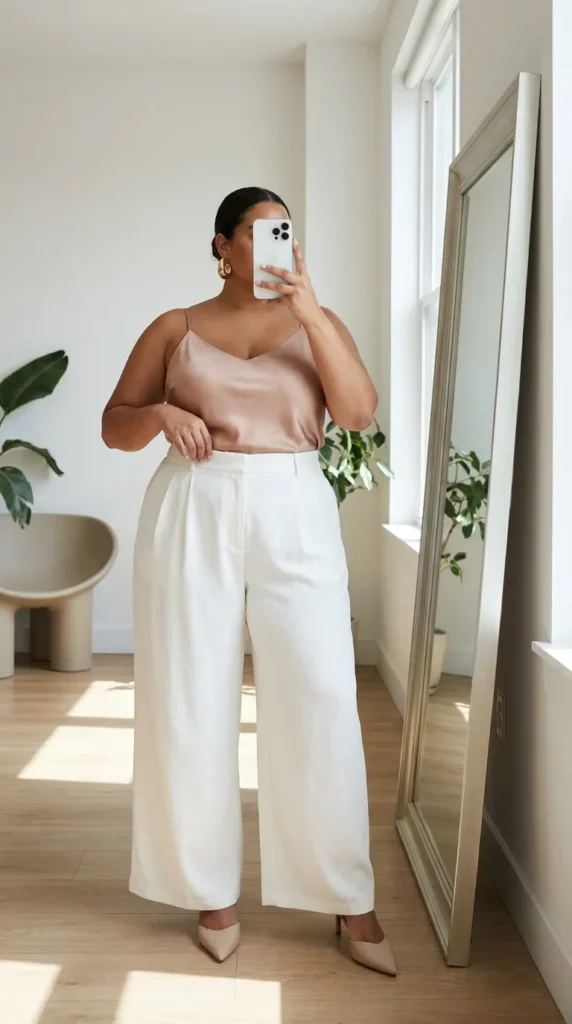 Plus size woman in white wide-leg trousers and satin cami with heels – All White Outfit Ideas for Plus Size Women