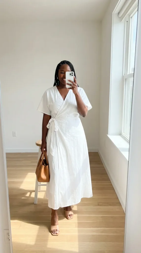 Smiling Black woman in a white wrap dress holds a bag in a bright room, showing All White Summer Outfit Ideas for Black Women.