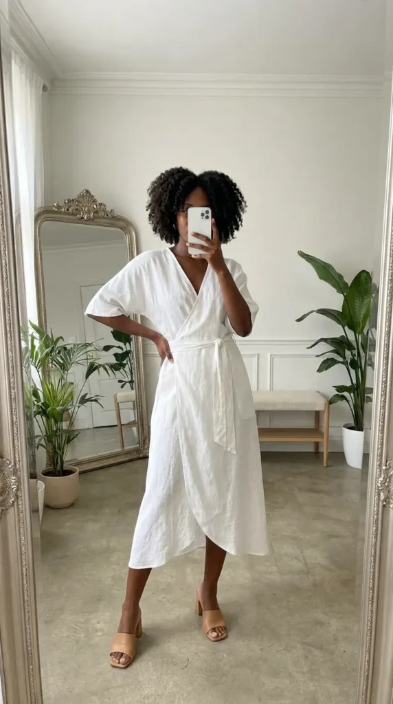 White linen wrap dress with heeled sandals, All White Outfits for Black Women style