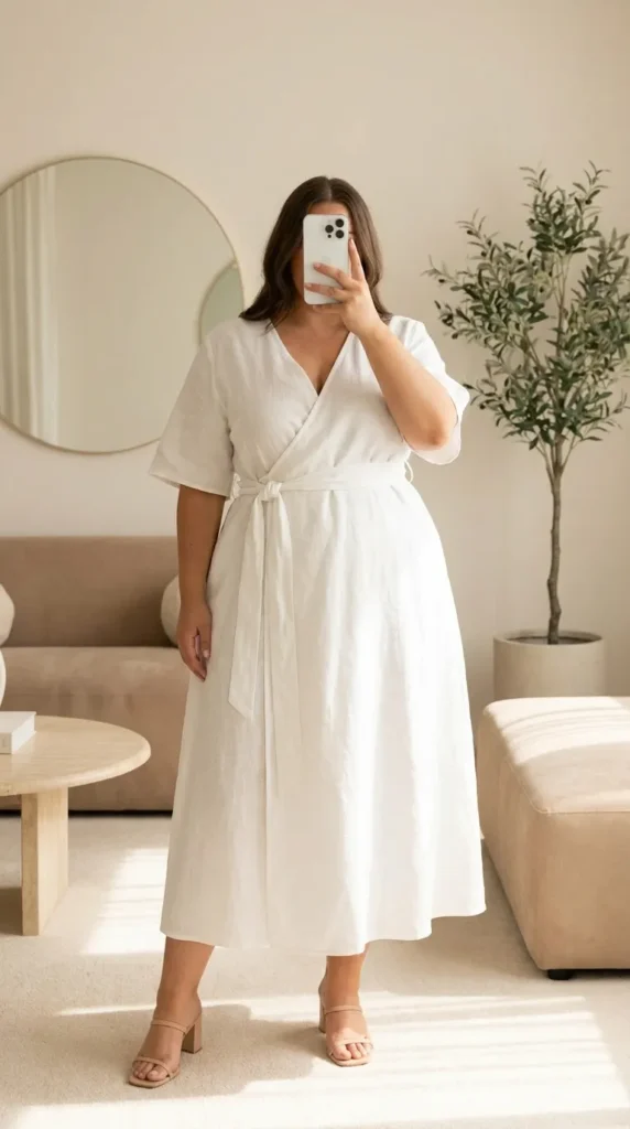 Curvy woman in white wrap midi dress with nude block heels – All White Outfit Ideas for Plus Size Women