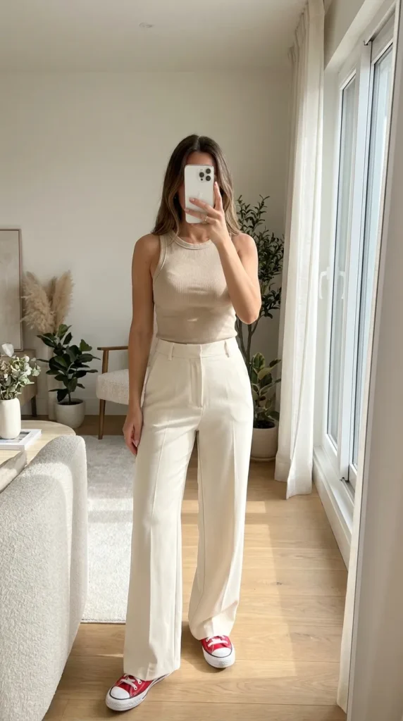Woman in beige tank and wide-leg trousers with red Converse sneakers, minimal Red Converse Outfit Ideas.