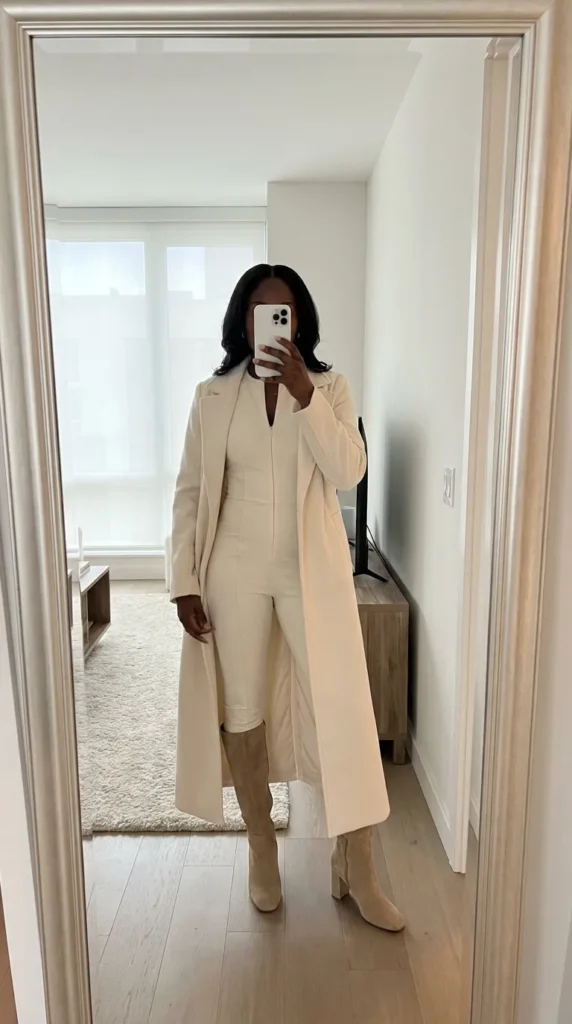 Winter white jumpsuit under long coat – elevated All White Fall Outfit Ideas for Black Women.