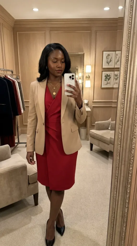 Professional Black woman in red wrap dress under beige blazer with heels for red dress outfit ideas designed for Black wome
