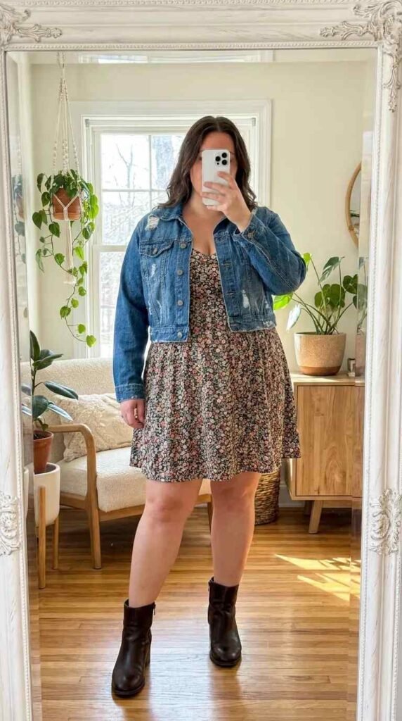 Plus-size woman in floral dress and denim jacket offering business casual outfit ideas for plus size women.