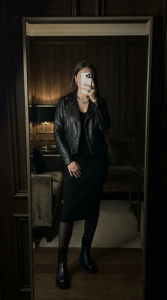 Woman in black leather jacket, ribbed dress, tights & boots showing Fall Monochrome Outfit Ideas.