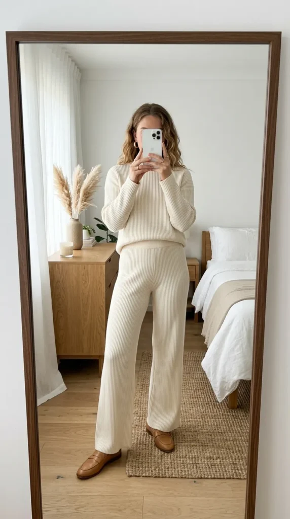 Woman in cream ribbed sweater and wide-leg pants taking mirror selfie. Monochrome Outfit Ideas That Make Getting Dressed Ridiculously Easy