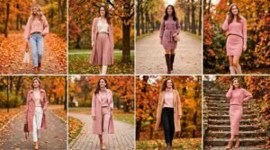 Collage of women in various pink looks featuring All Pink Fall Outfit Ideas among autumn leaves.