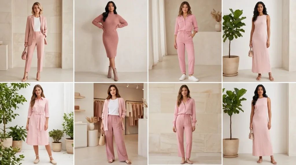 Collage of eight stylish all-pink outfits including suits, dresses and sets – All Pink Outfit Ideas