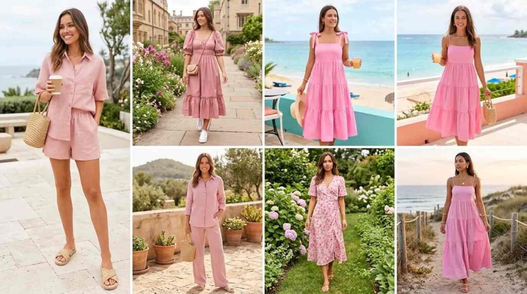 Collage of women in various pink dresses, sets, and outfits showcasing All Pink Summer Outfit Ideas.