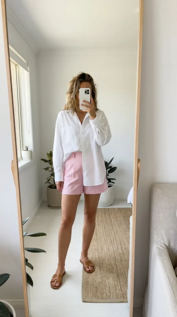 Woman in baby pink shorts and oversized white button-up shirt, easy All Pink Summer Outfit Ideas.