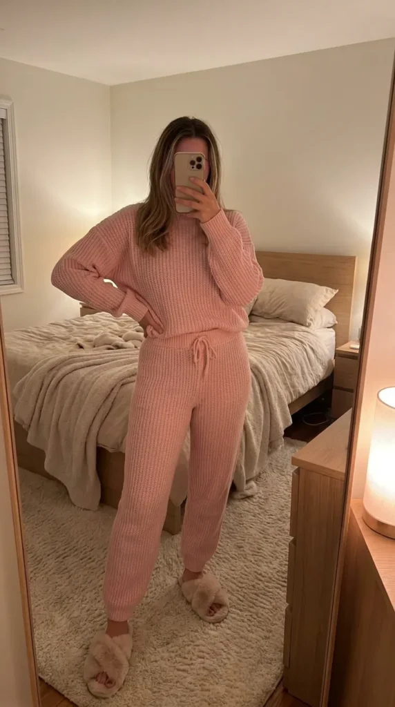 Woman in baby pink ribbed loungewear sweater and pants – All Pink Outfit Ideas