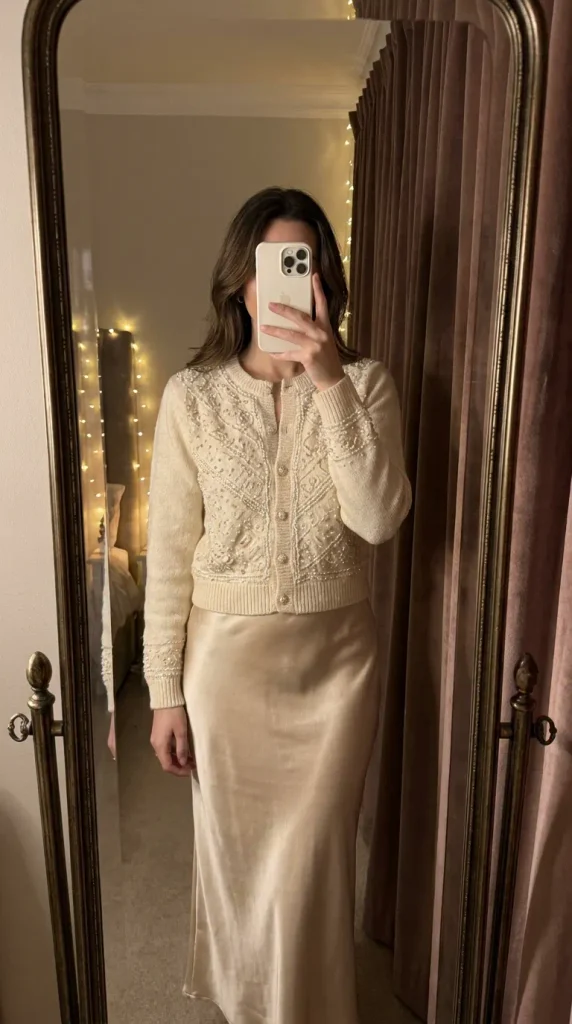 Soft New Year Eve Outfit Ideas for Women featuring beaded cream cardigan and satin slip skirt.