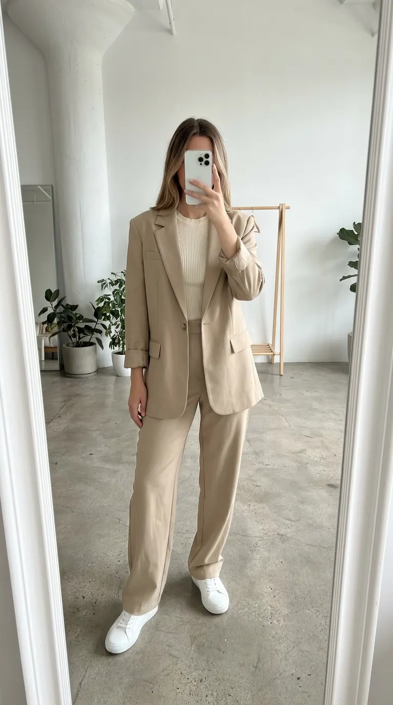 Woman in beige oversized blazer, top, trousers & sneakers showing Fall Monochrome Outfit Ideas.