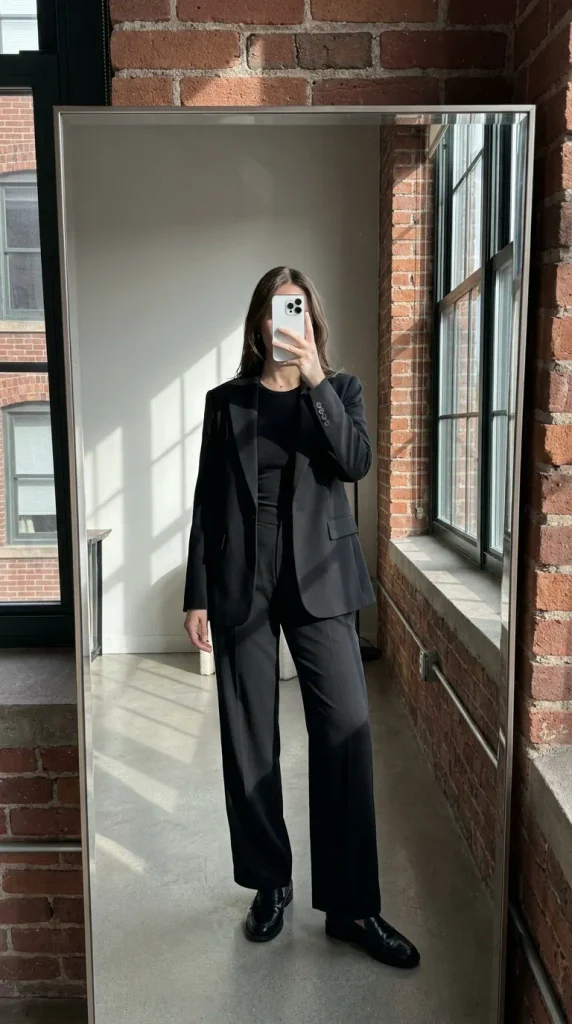 Woman in black blazer, top, wide-leg trousers & loafers for sharp Fall Monochrome Outfit Ideas.