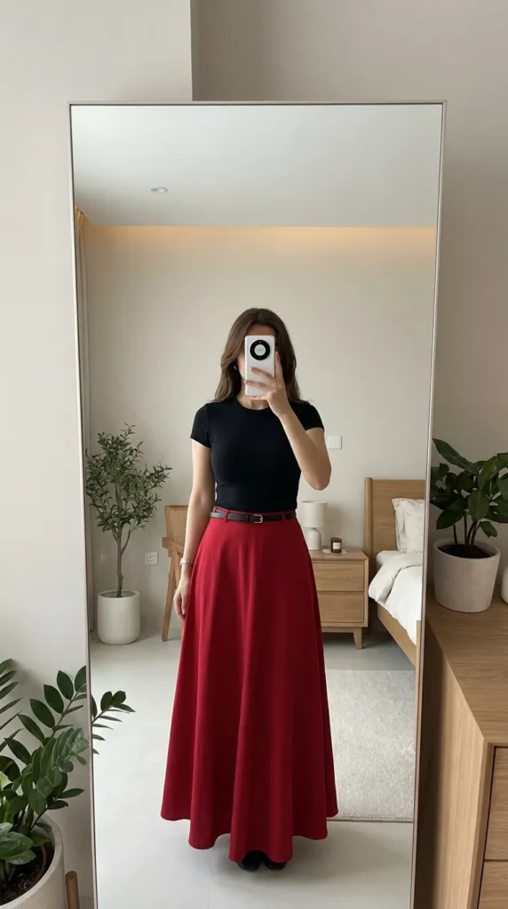 Woman in black fitted tee and belted A-line long red skirt outfit ideas for this summer in a modern room.