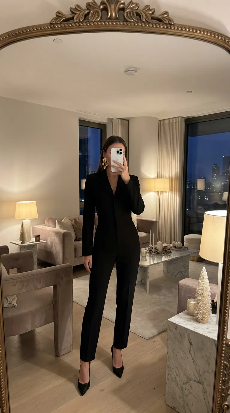 Woman in sleek black jumpsuit with statement earrings and heels for New Year Outfit Ideas Parties.