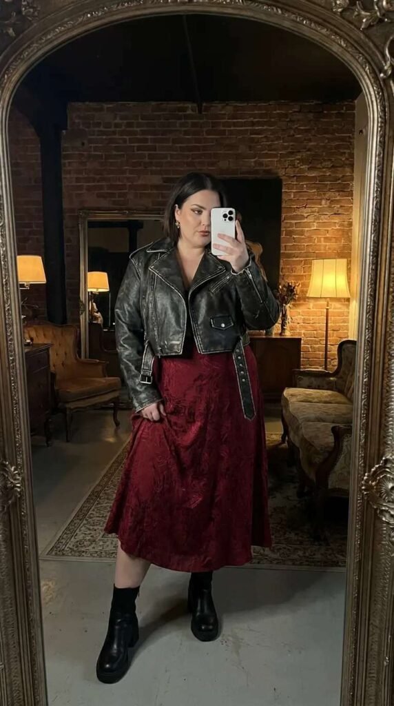 Curvy woman in black leather jacket with long red skirt, stylish Long Red Skirt Outfit Ideas for Plus Size women