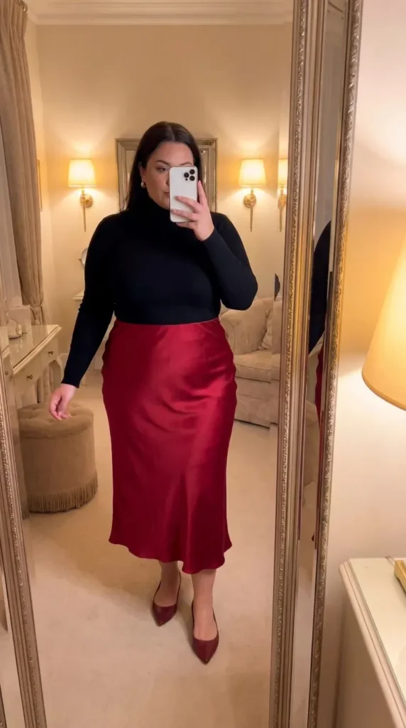 Curvy woman in black turtleneck and long red satin skirt, elegant Long Red Skirt Outfit Ideas for Plus Size women