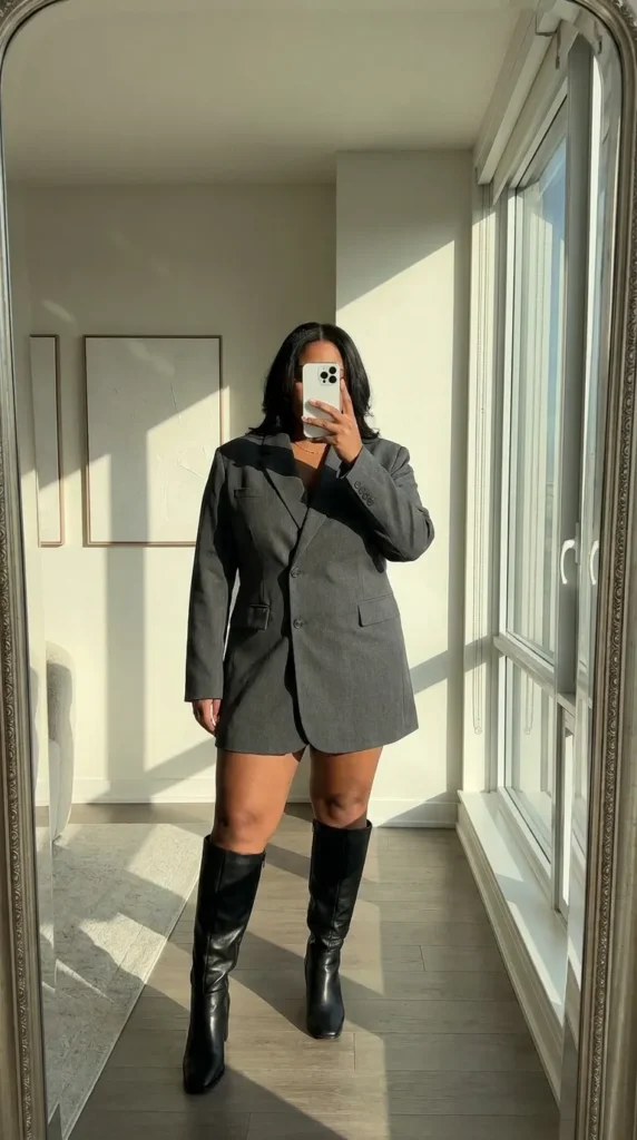Plus-size woman in gray blazer dress and knee boots as business casual outfit ideas for plus size women.