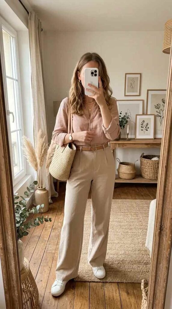 Woman in blush shirt, beige trousers and woven bag taking mirror selfie. Monochrome Outfit Ideas That Make Getting Dressed Ridiculously Easy